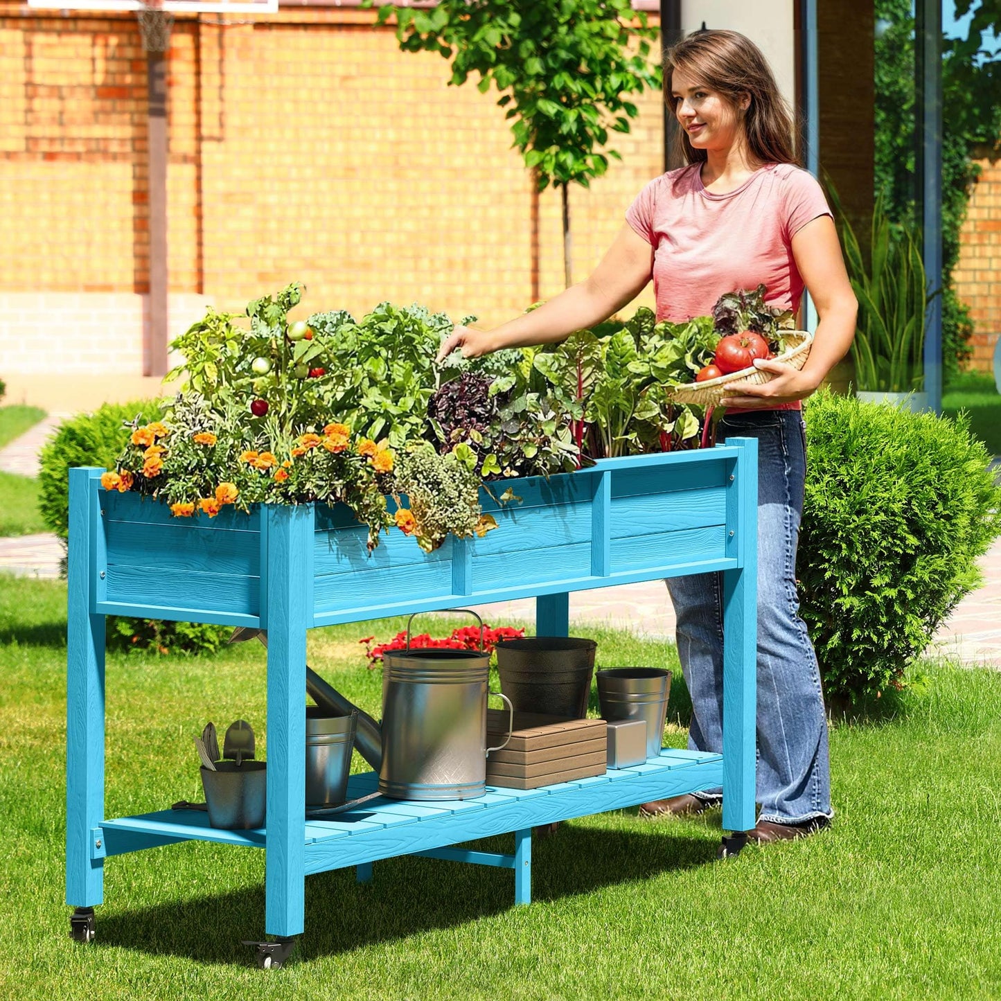 DWVO 47x18x31in Raised Garden Bed HDPE, Weather-Resistant Poly Wood Planter Box Stand, Planter Box with Legs, Storage Shelf & Lockable Wheels, Elevated Garden Bed for Backyard Patio - Aruba Blue