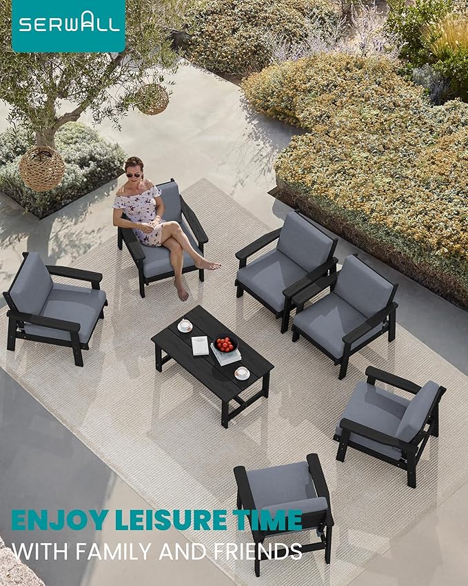 SERWALL HDPE Outdoor Furniture Set, 7 Piece All Weather Wood-Like Outdoor Sofa Sectional Couch, Black Patio Furniture Set with Grey Cushions
