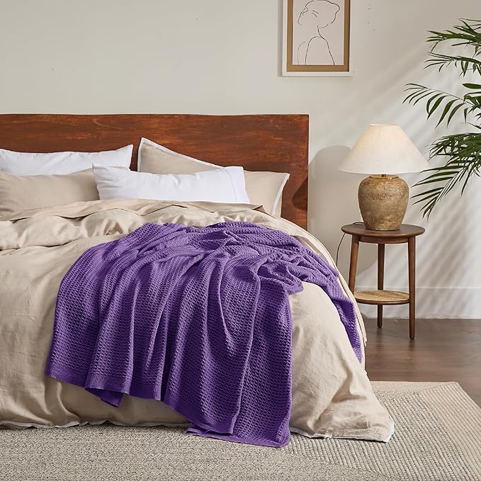 Bedsure 100% Cotton Blanket Twin XL Size for Bed - Breathable and Soft, Waffle Weave Blanket for Summer Spring, Purple, 66x90 inches
