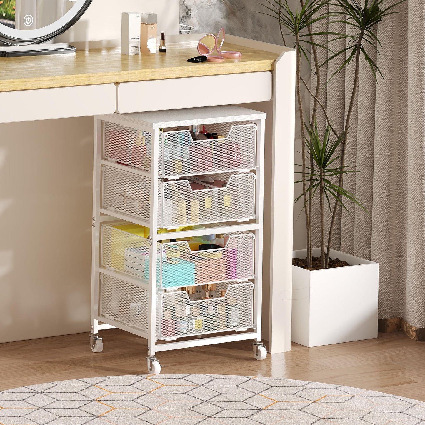 4-Drawer Rolling Storage Cart, Utility Cart with Drawers, White Metal Craft Cart Organizer with Wheels & Wooden Top, Art Supply Storage Organizer for Classroom, Office, Kitchen,Patent Pending