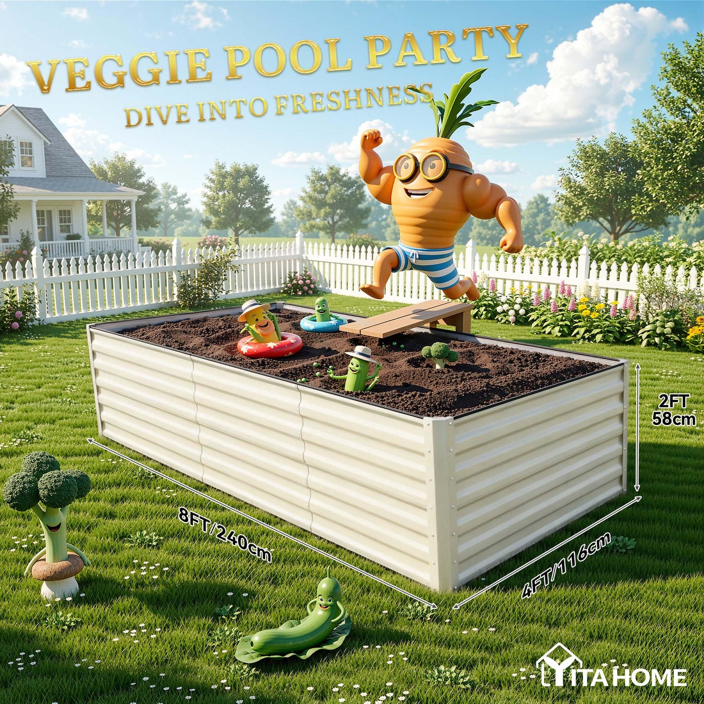 YITAHOME 8x4x2ft 2pcs Large Raised Garden Bed Kit, Galvanized Metal Planter Box with Gloves & Safety Rubber, Outdoor Above Ground Planters for Plants Vegetables Flowers, Cream Yellow