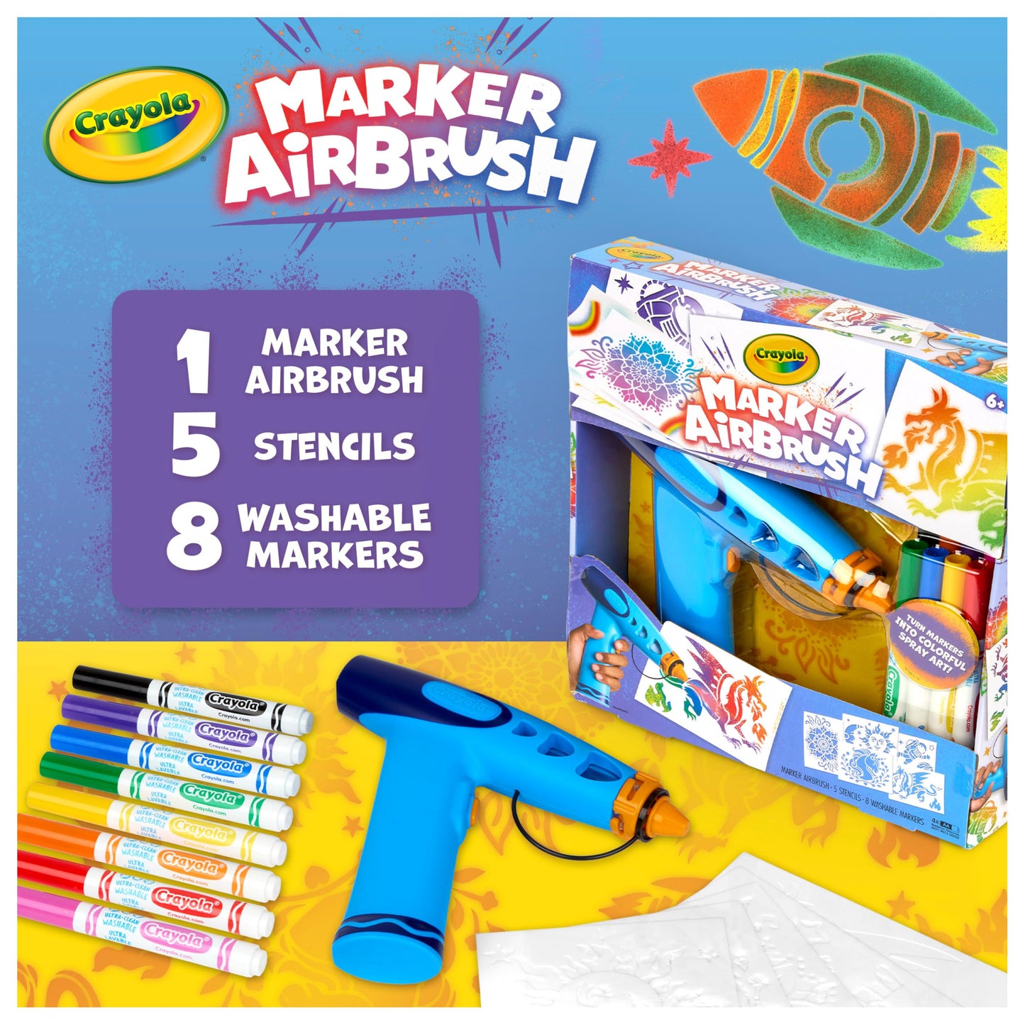 Crayola Marker Airbrush Spray Art Kit, Battery-Powered Sprayer with 8 Washable Markers & 5 Stencils, DIY Craft Set, Ages 6+