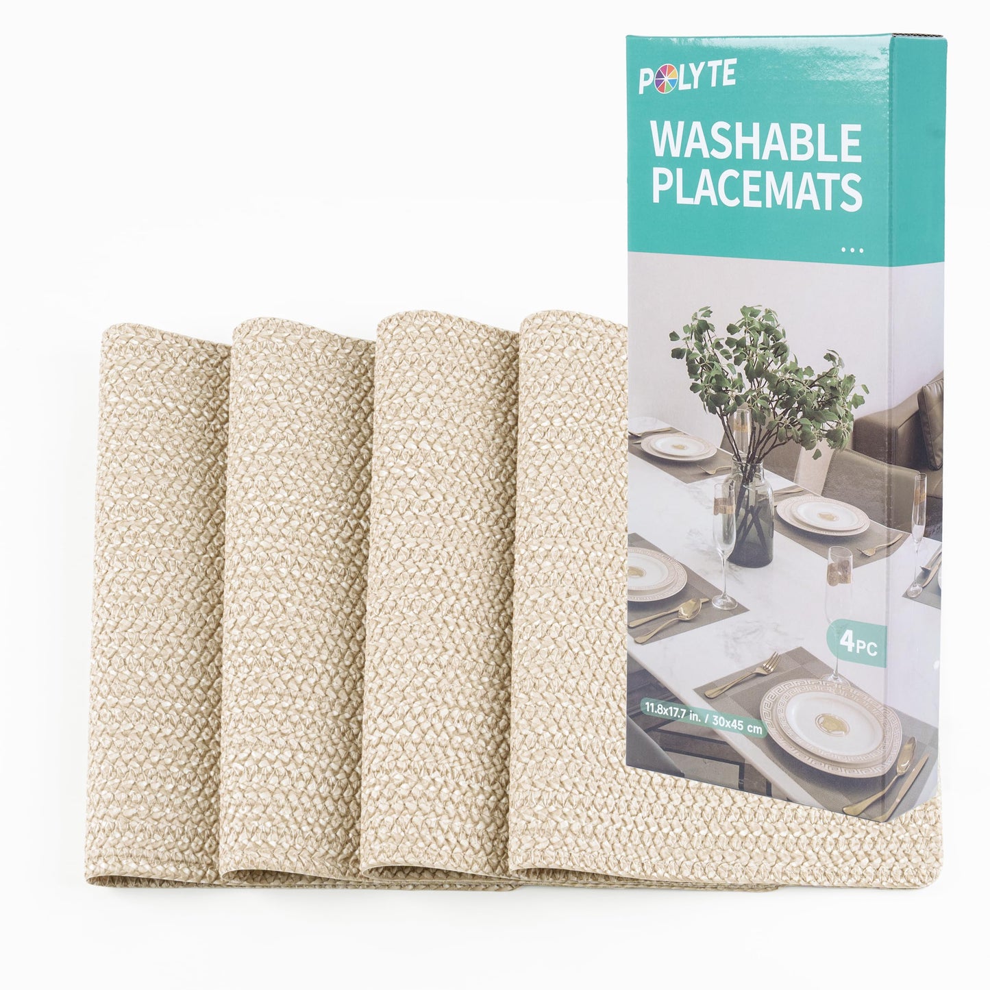 POLYTE Indoor/Outdoor Washable Woven Vinyl Table Dining Placemats, Set of 4