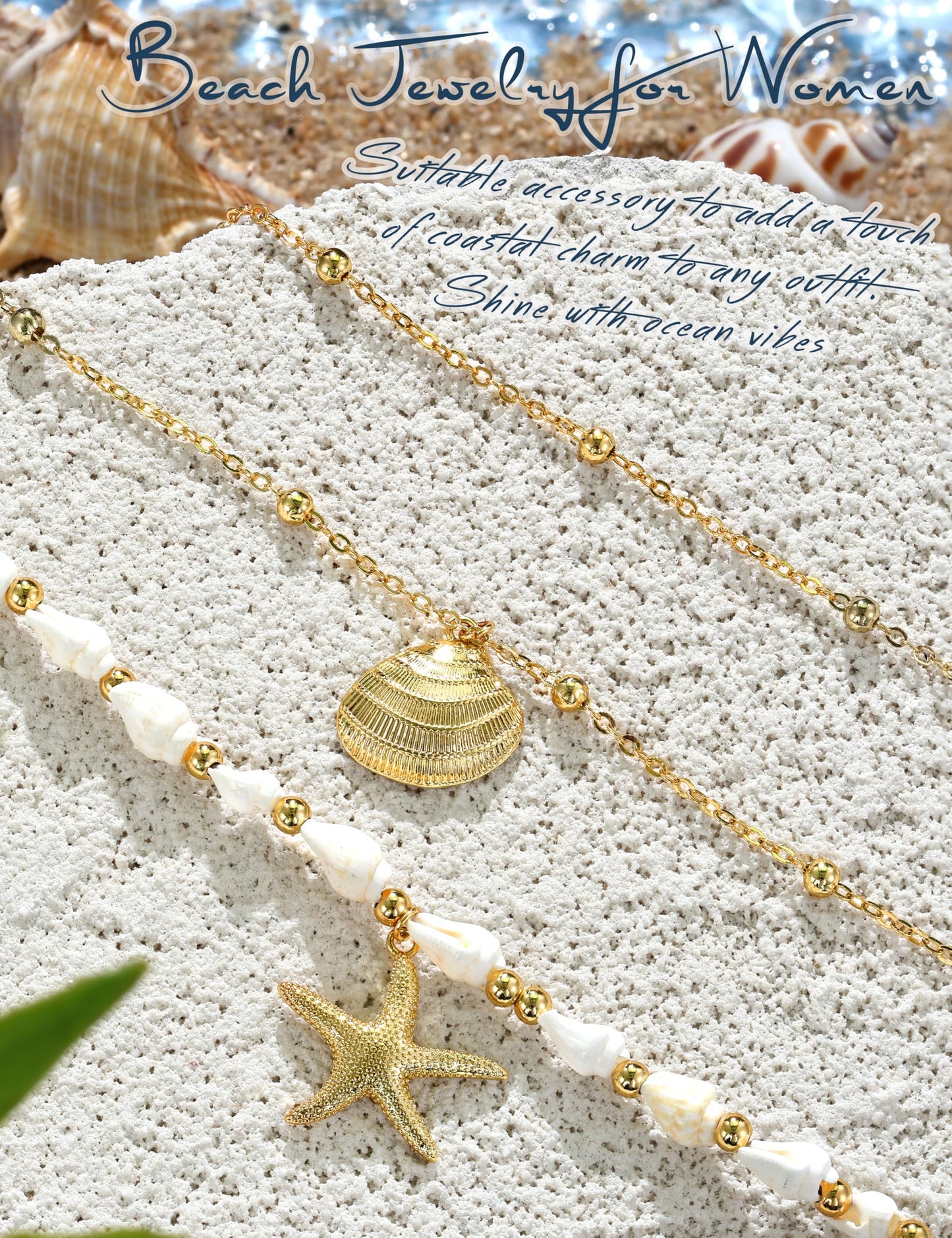 LOYALLOOK Shell Starfish Necklace for Women, 14k Gold Plated Dainty Layered SeaShell Conch Starfish Charm Necklace Stack, Non Tarnish Waterproof Gold Beach Accessories for Summer Vacation 2pcs