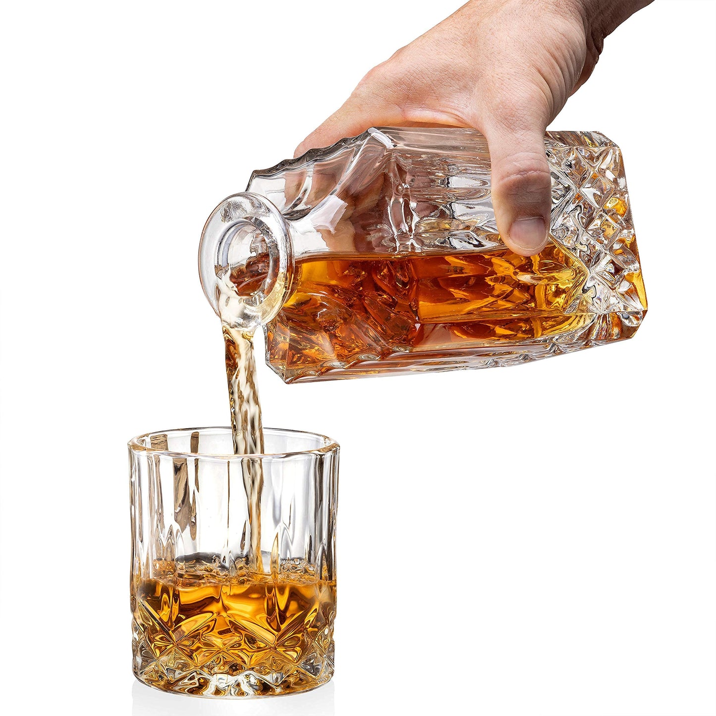 Mixology & Craft Luxury Whiskey Decanter Gift Set - 25oz Crystal Decanter, 4 Old-Fashioned Glasses, 4 Slate Coasters with Diamond Pattern Premium Black Gift Box