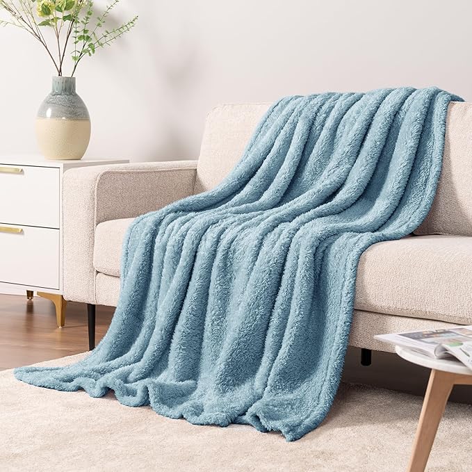 PAVILIA Sherpa Throw Blanket for Couch Sofa, Dusty Slate Blue Fluffy Warm Plush Blanket for Bed, Cozy Super Soft Lightweight Throw, Fuzzy Decorative Blanket, All Season Home, 50x60