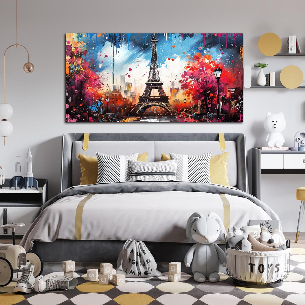 Large Canvas Wall Art Paris Eiffel Tower Decor Modern Blue and Red Graffiti Canvas Prints Ready to Hang for Living Room Bedroom Framed Home Decor Size 24x48