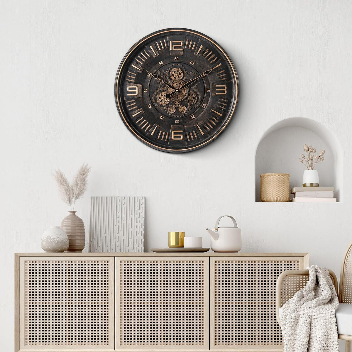 Maxstar Large Vintage Moving Gear Wall Clock, 20''Battery Operated Industrial Steampunk Metal Decor for Living Room, Office,Fireplace, Farmhouse(Arabic Number-Bronze)