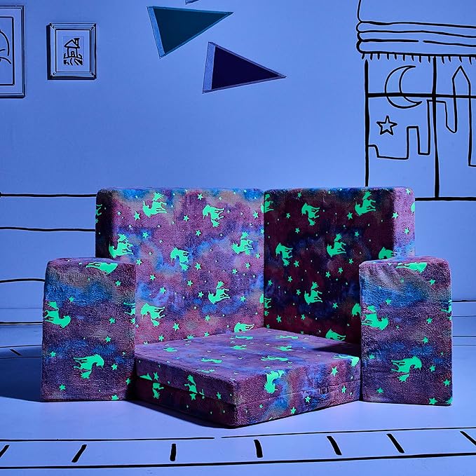 YOURIGAMI Kids and Toddler Play Couch, Convertible Folding Sofa, Durable Foam Modular Design, Glow in The Dark Unicorn