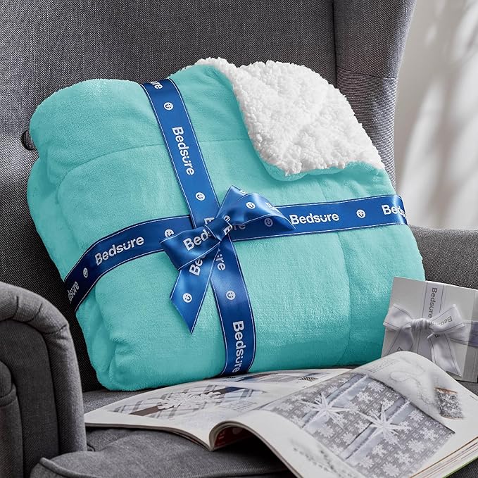 Bedsure Sherpa Fleece Throw Blanket for Couch - Thick and Warm, Soft Fuzzy Plush Throw Blanket for Winter, Light Teal, 50x60 Inches