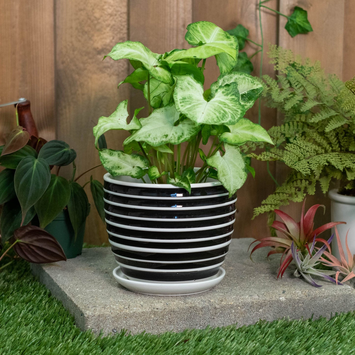Napco Striped Black and White Ribbed 4 x 5 Inch Ceramic Flower Pot Planter with Saucer