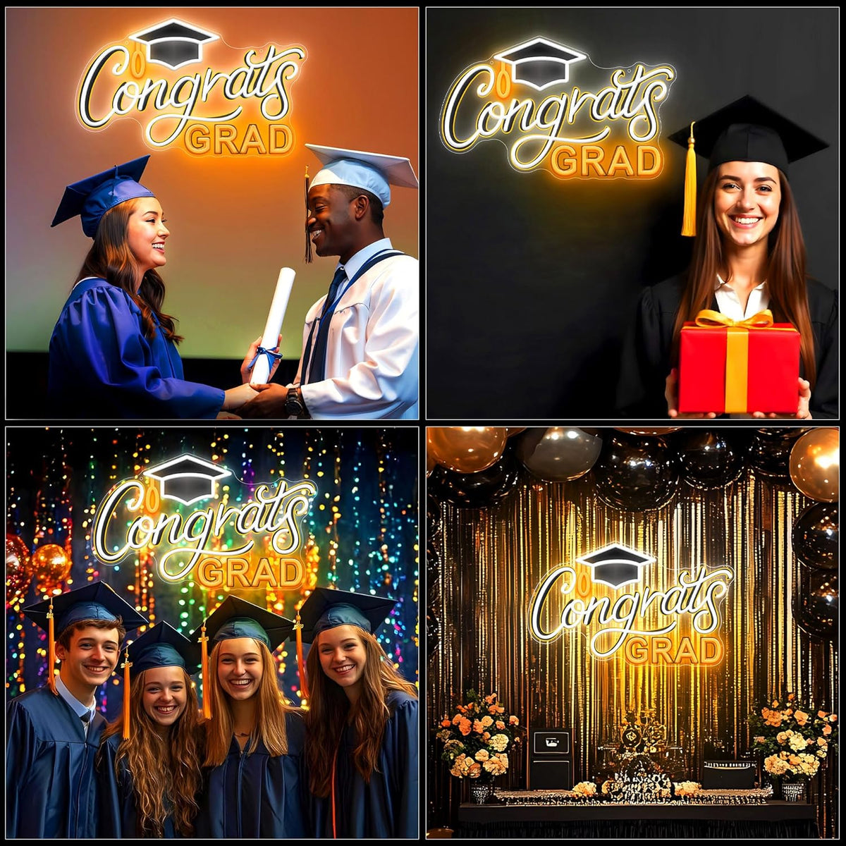 SELICOR Congrats Graduation Neon Sign with Cap - 15" x 8", Adjustable LED Light Up Sign for Prom Party, Photos, Class of 2025 Celebrations, Graduation Gift for Dorm Backdrop Room Decor