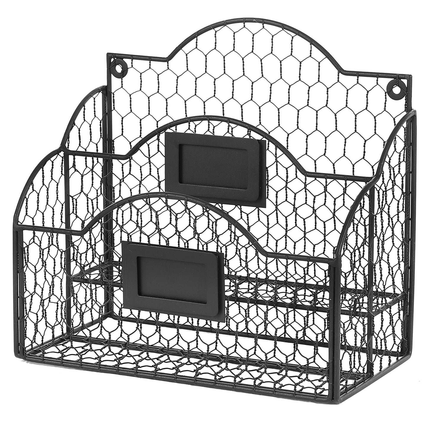 MyGift Metal Wire Basket Desk Organizer, 2 Compartment Inbox/Outbox Black Entryway Wall Mail Sorter, Office Desktop Stationery File Organizer Holder with Chalkboard Labels