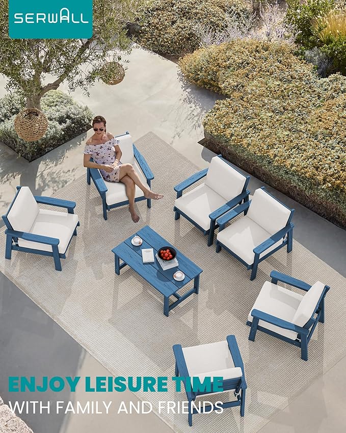 SERWALL HDPE Outdoor Furniture Set, 7 Piece All Weather Wood-Like Outdoor Sofa Sectional Couch, Blue Patio Furniture Set with Khaki Cushions