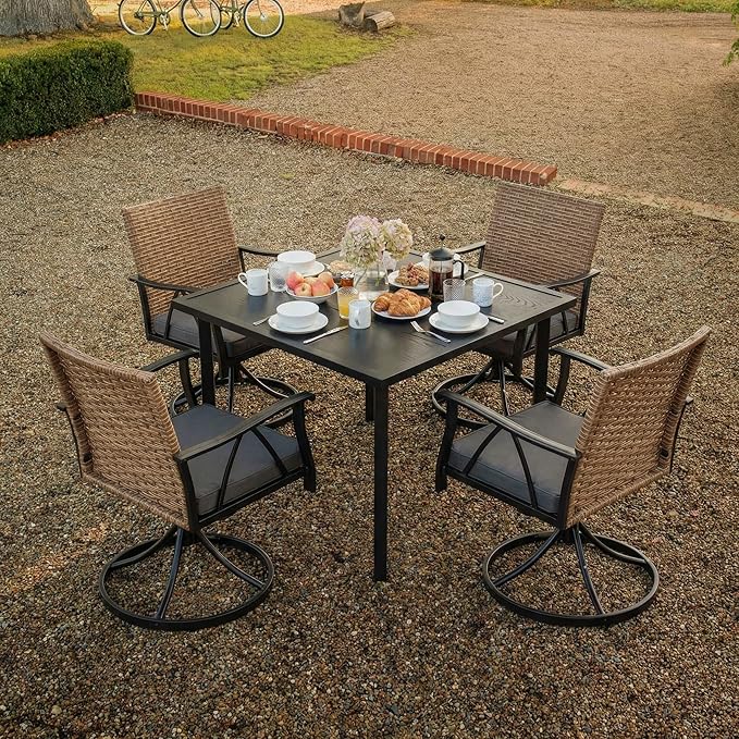 5-Piece Patio Dining Set for 4,Outdoor Dining Set with Wicker Swivel Patio Dining Chairs with Cushions & 1 Black Square Woodgrain Dining Table with 1.75”Market Umbrella Hole, Black & Brown