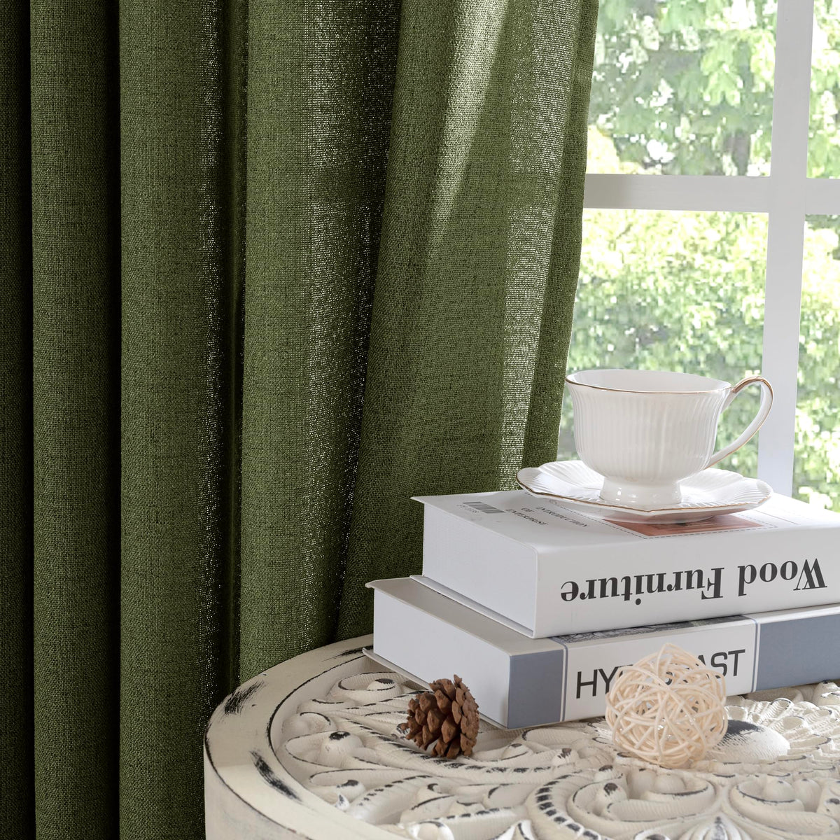 Dark Green Linen Curtains 90 Inch Length for Living Room (2 Count)