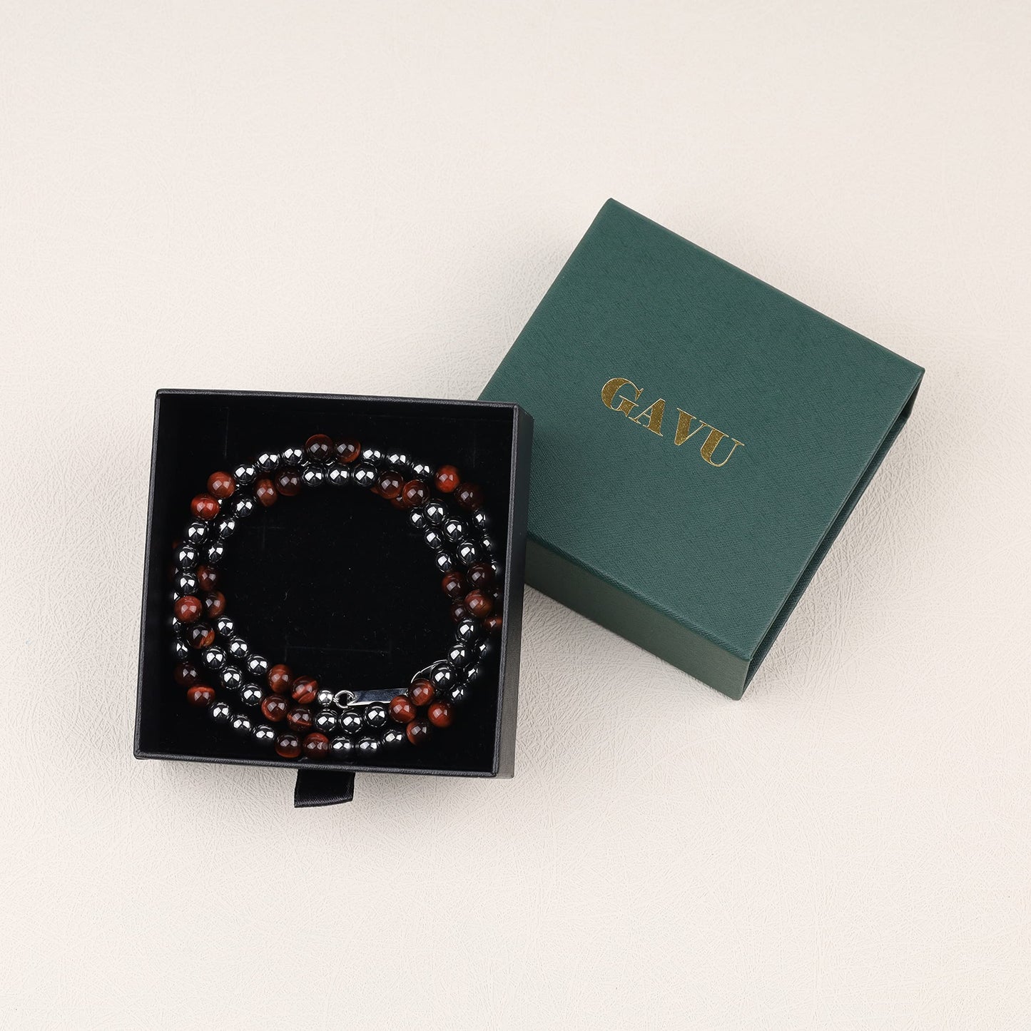 GAVU Red Tiger Eye Hematite Crystal Men's Beaded Necklace 20"