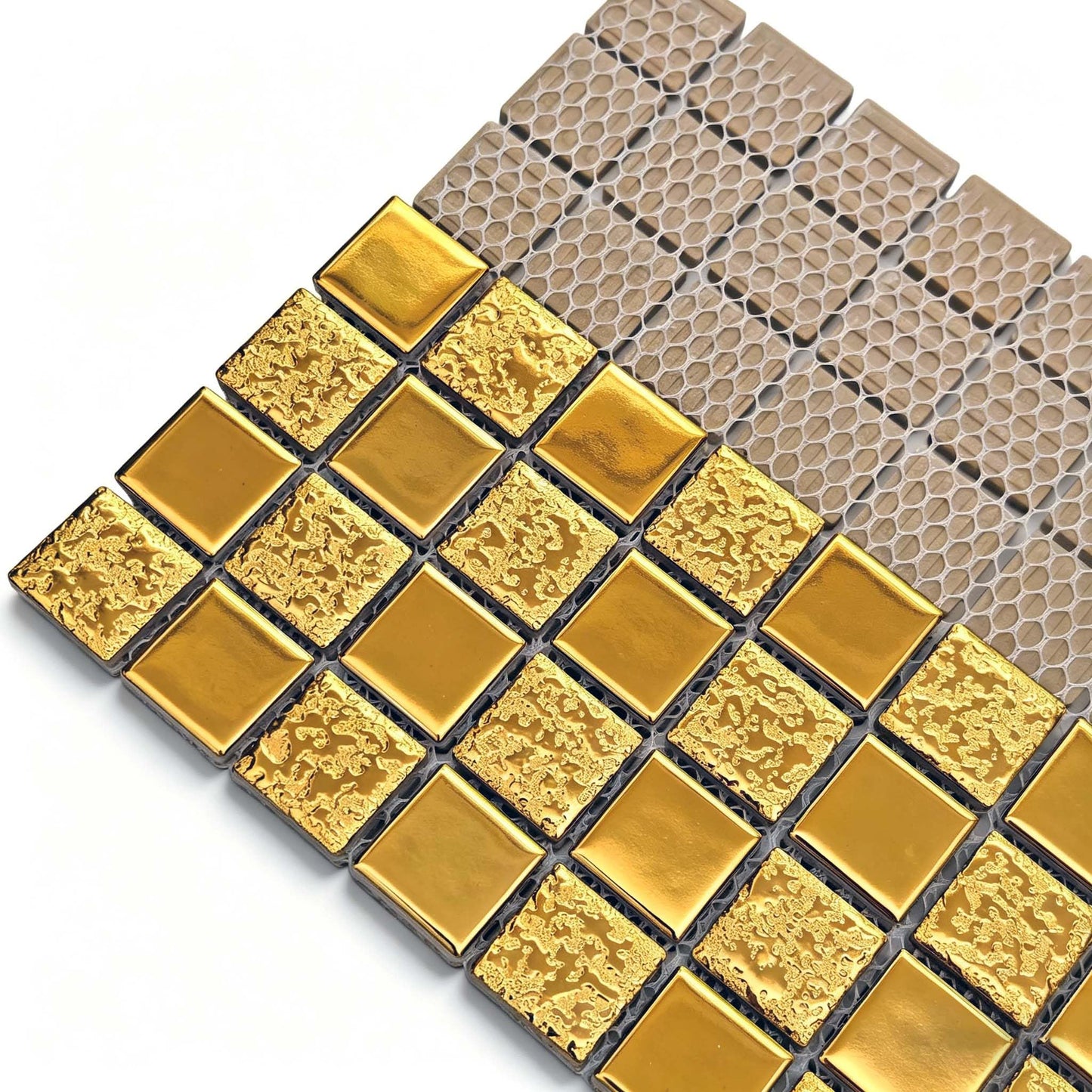 Hominter Gold Mosaic Tile for Kitchen Backsplash, Glossy Textured Ceramic Wall Tiles, Waterproof Bathroom Shower and Fireplace Accent Wall Decor, 5 Square Feet