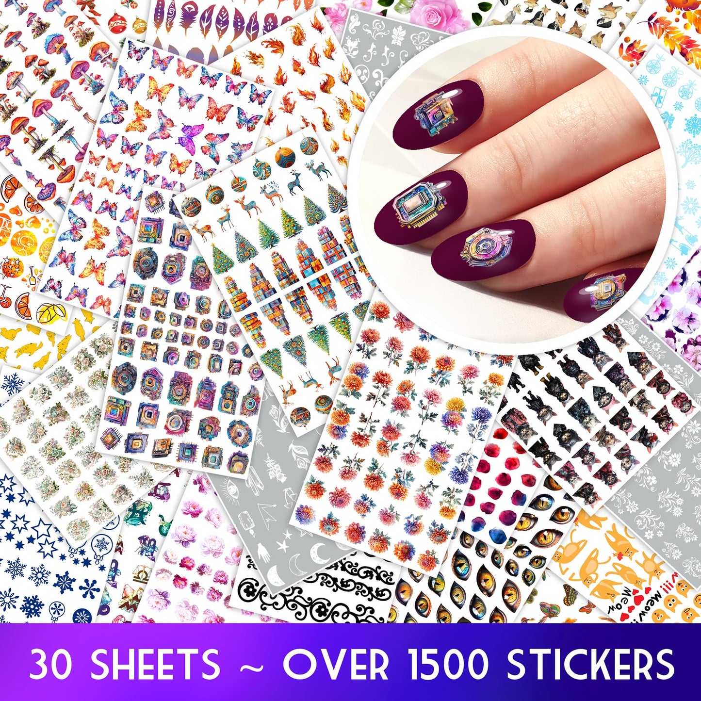 30 Sheets Nail Stickers Collection ~ Tech Abstract ~ Futuristic Devices Patterns Butterflies Trees and Geometric Elements in Colorful Detailed Style Creating Modern Unique Manicure Decals
