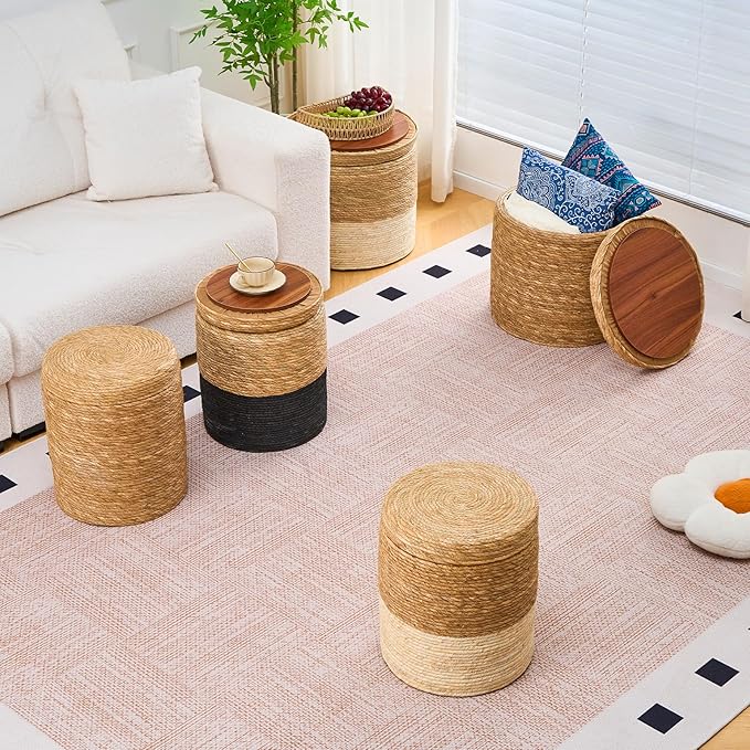 Wimarsbon 18'' Ottoman Pouf, Natural Braided Poof, Rustic Handweave Lounge Pouffe, Boho Footrest Stool for Bedroom, Accent Table for Living Room (Stoage - 18inch Cattail+Beige Corn Husk L)