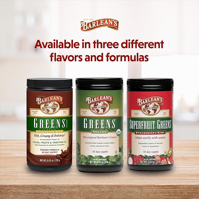 Barlean's Organic Greens Powder, Fruits and Veggies Superfood Supplement with Green Food Protein, Probiotic Blend and Fiber for Athletic Endurance and Daily Health, 8.47 oz
