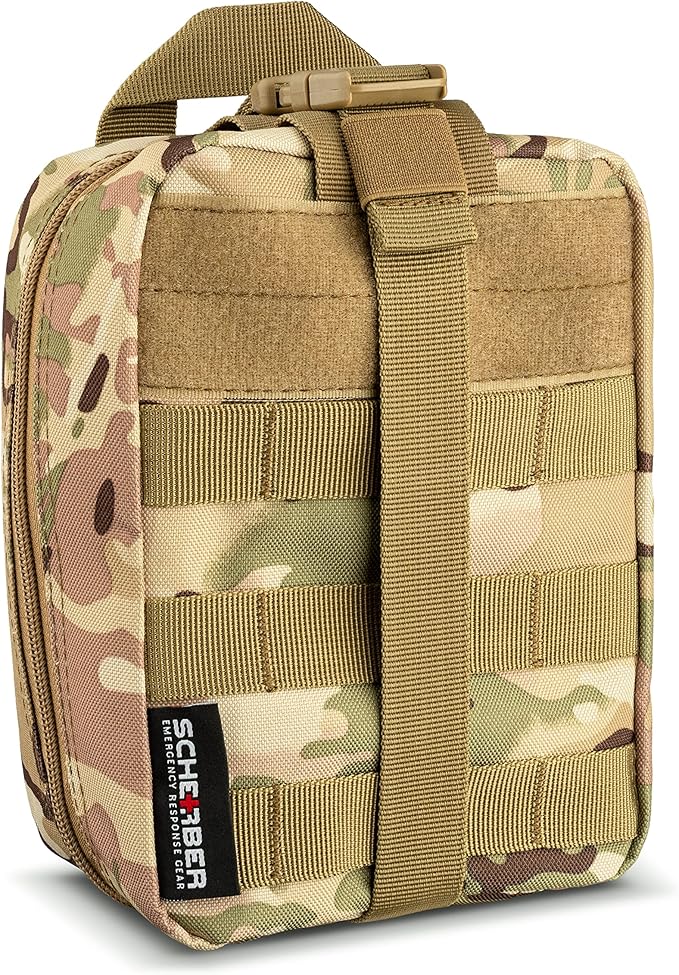 Scherber Premium IFAK Kit Trauma Pack | HSA/FSA Approved | SOF Tourniquet, QuikClot 4x4 HyFin Chest Seal, Israeli Bandage | Fully Stocked MOLLE Pouch for Gunshot, Bleeding, Major Wound Care (Camo)