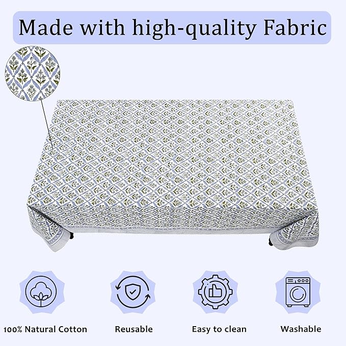 Ridhi Hand Block Print Light Steel Blue Rectangle Cotton Tablecloth 118" x 70" Reusable Table Cover Decorative Everyday Use for Dining, Farmhouse, Home Gift for Spring, Easter, Valentine