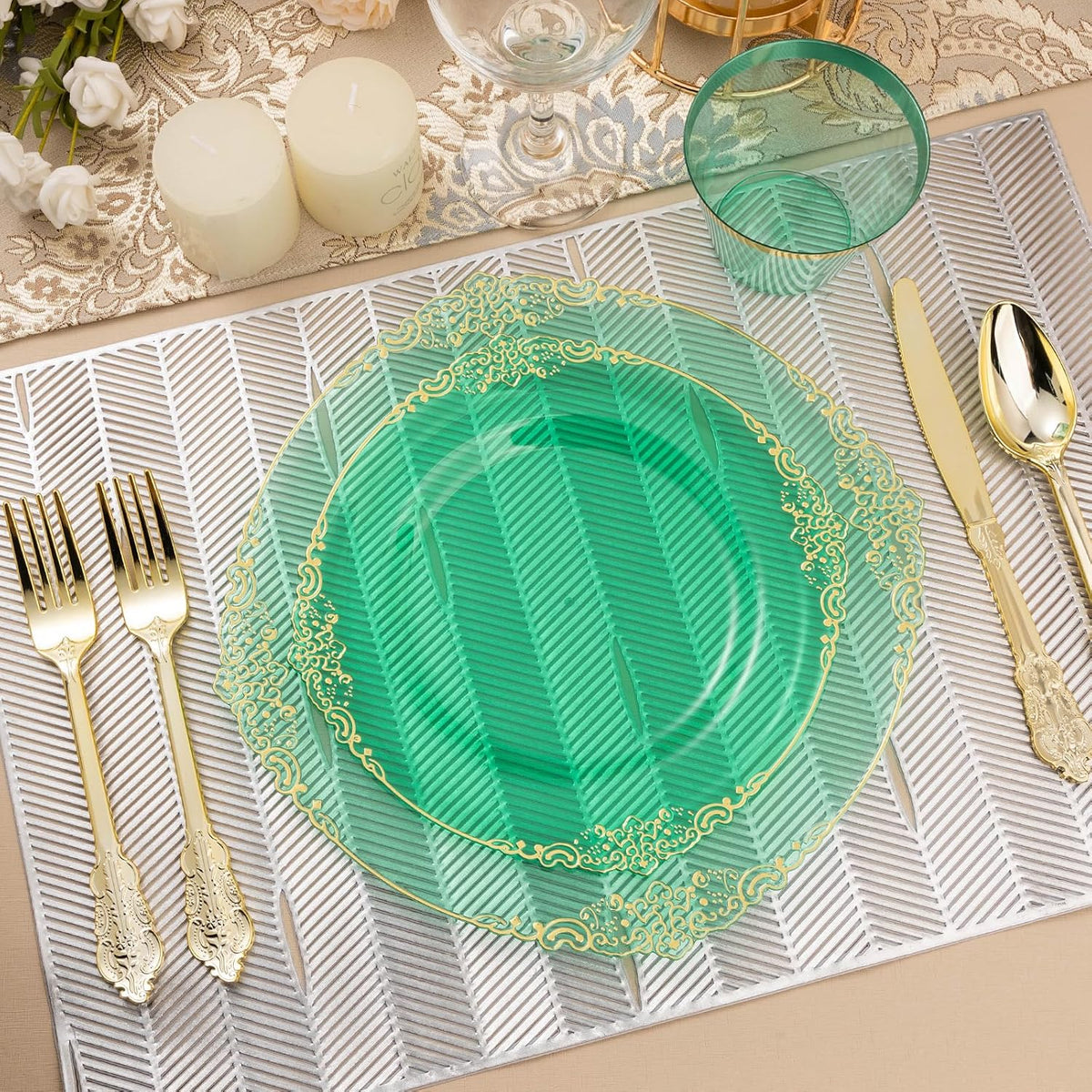 175PCS Clear Green Plastic Plates for 25 Guests, Disposable Plates with Gold Trim include 50 Dinner Plates, 75 Gold Silverware, 25 Cups, 25 Napkins for Party, Wedding and Graduation
