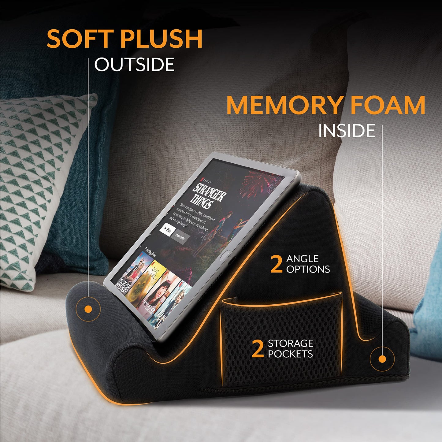 Brookstone Tablet Lap Cushion - Tablet and Phone Holder for Bed, Flights, and Travel, Two Angled Memory Foam Lap Desk for Reading and Hands Free Viewing, Compatible iPad and Kindle Accessories, Black