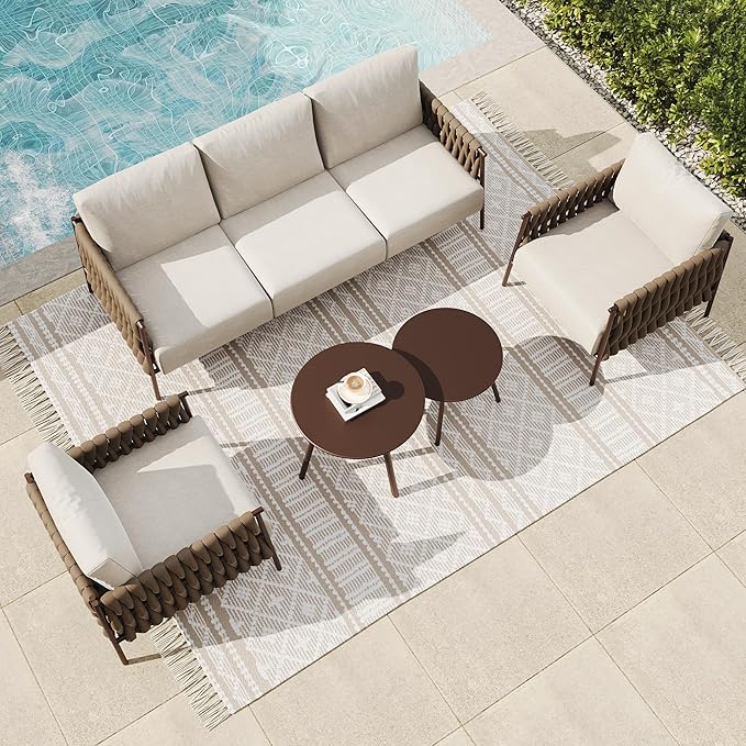 East Oak 5-Piece Patio Furniture Set | Life Chatter 5-Seat Outdoor Furniture | Deep Seating & Two Coffee Tables | Waterproof Extra-Thick Cushions | Porch, Balcony & Backyard | Chestnut & Apricot
