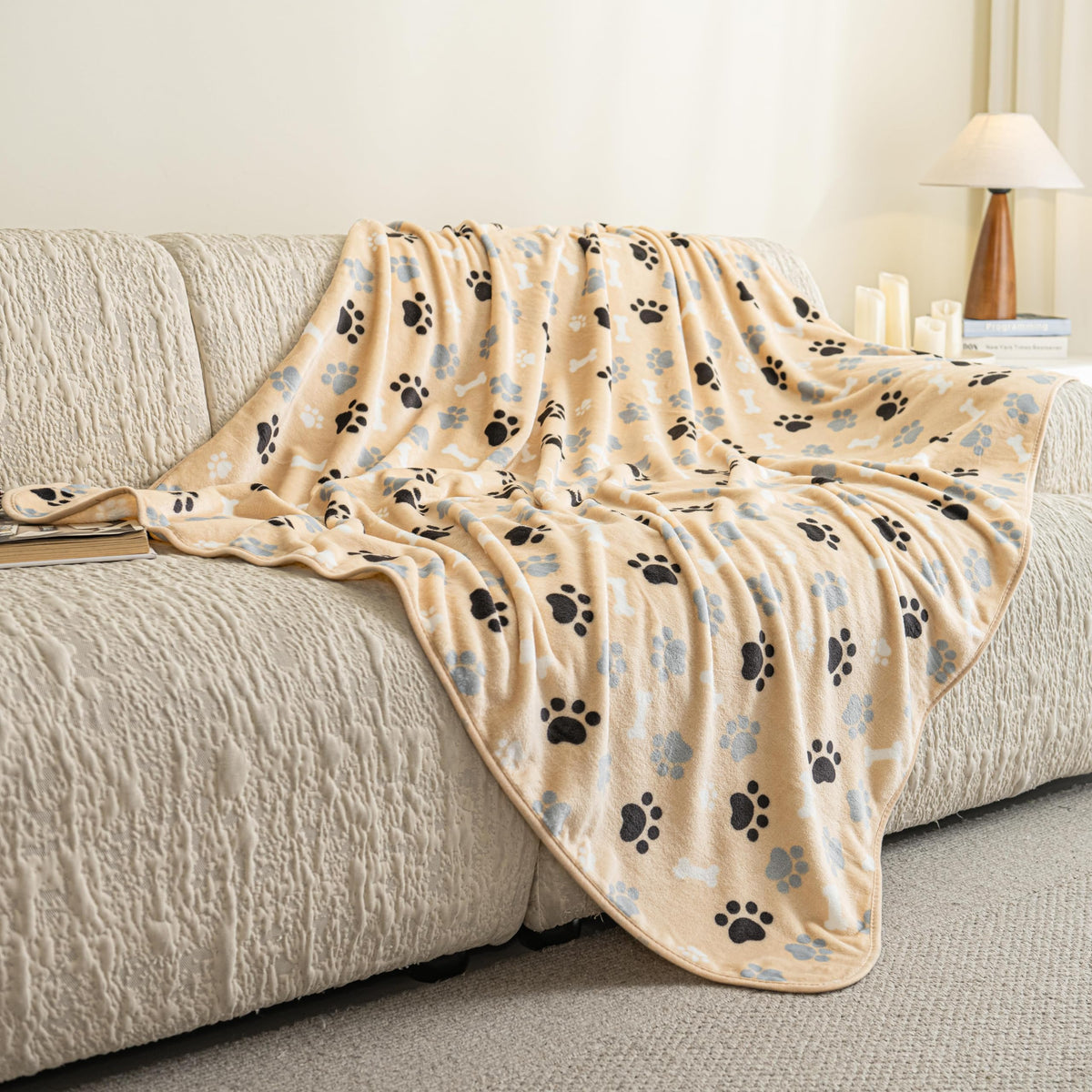 AIWEK Dog Blanket Paw Bone Pattern 1 Pack 2 Super Soft Warm Flannel Sofa Cover Car Bed Protector, Urine Proof Washable Outdoor Pet Blanket for Puppy Large Dogs & Cats,40"*30" Beige