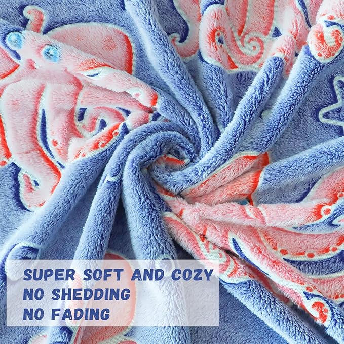 Octopus Blanket Twin Size Glow in The Dark Ocean Blanket Soft Octopus Gifts Toys Decor Blue Fleece Kids Throw for Christmas Birthday