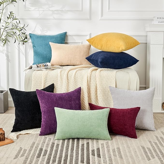 GAWAMAY Decorative Square Throw Pillow Covers 18"x18" Inch Set of 4, Super Soft Chenille Pillows Farmhouse Fall Pillowcase for Living Room Bedroom Sofa Couch Cushion Cover Black 45x45cm (No Insert)