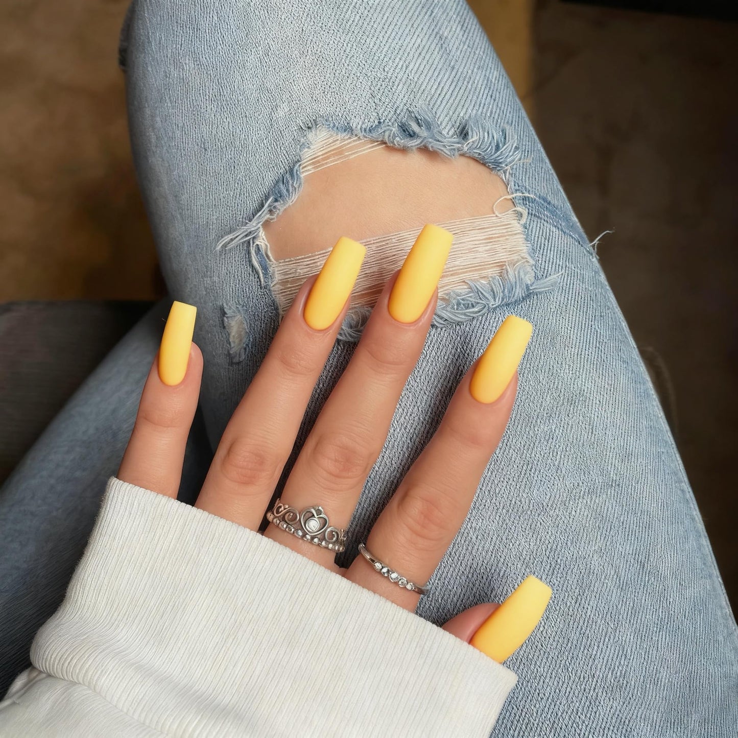 Matte Yellow Press On Nails Medium Long Square, Coffin Acrylic Press Ons, Glue On Medium Length, Solid Color Fake Cherry Yellow Thick Stick On Nails for Women
