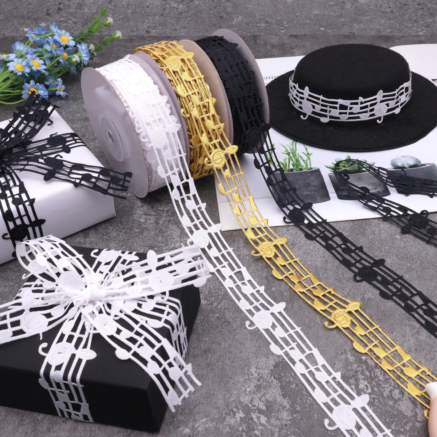 Golden Music Note Ribbon Grosgrain Ribbon Notation Craft Music Accessories Trim for Homecoming Mum Supplies Christmas (20 Yards/Roll)