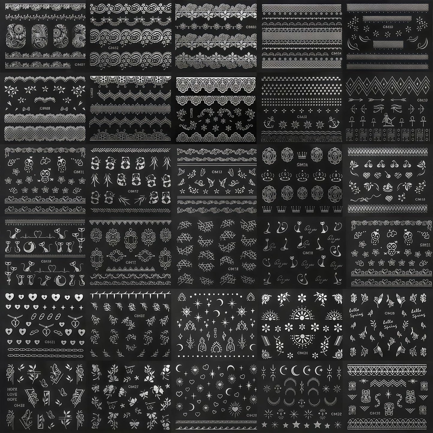 30 Sheets Silver Bohemian Nail Stickers, 3D Self Adhesive Retro Lace Leaf Cat Nail Decals Designs Decorations Accessories for Women Girls, Wedding Party Nails