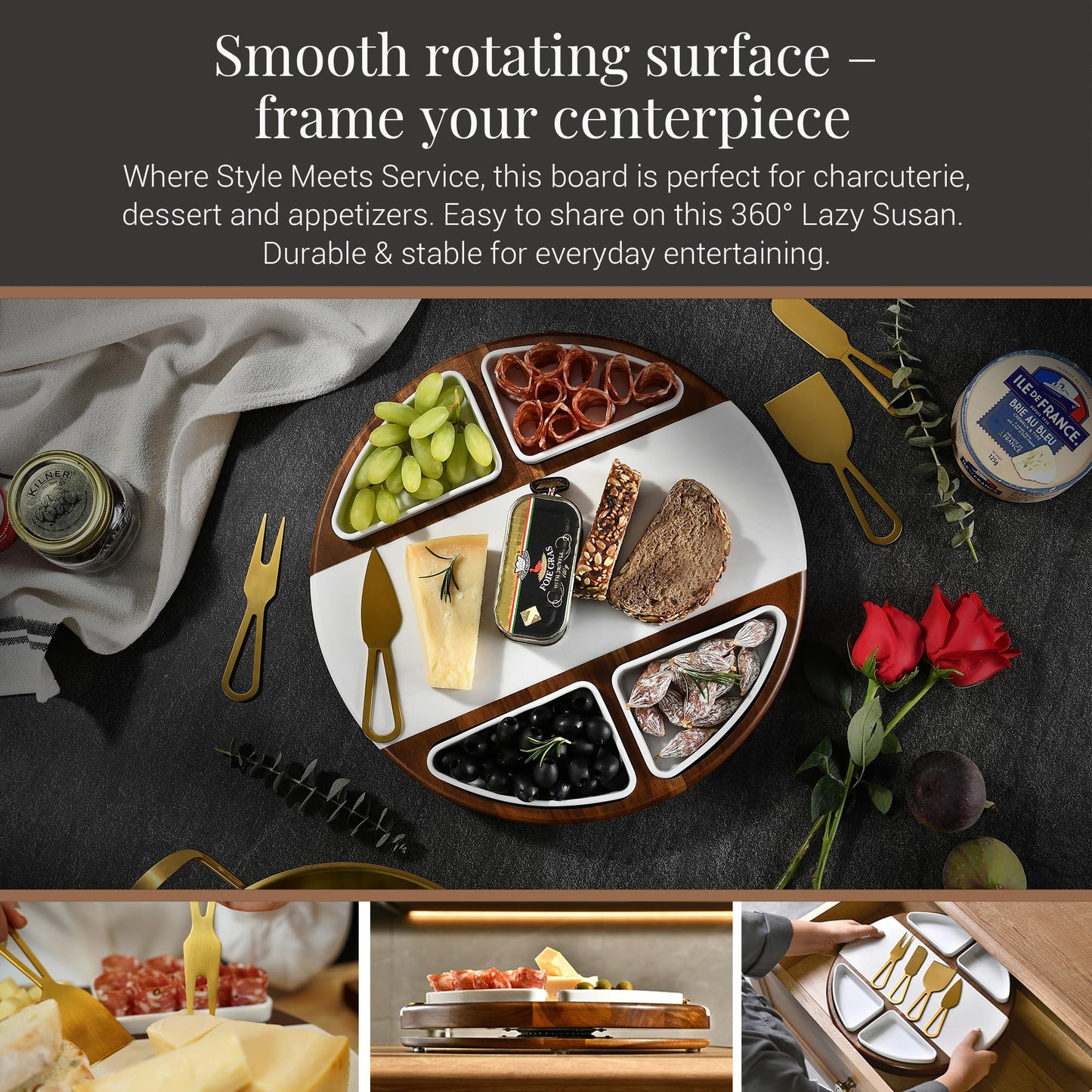 Shanik Upgraded Lazy Susan Cheese Cutting Board Set - Round Acacia Charcuterie Board with 4 Ceramic Bowls - Wedding Gifts - Cheese Serving Platter - Bridal Shower