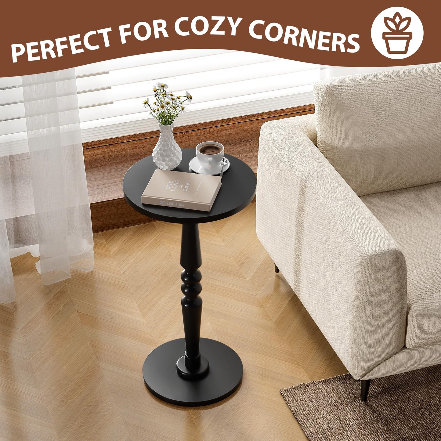 Round Side Table for Small Spaces - Small Accent End Table Nightstand with Solid Wood Top and Pedestal Leg - Modern Drink Table for Livingroom, Bedroom, Corners, Office
