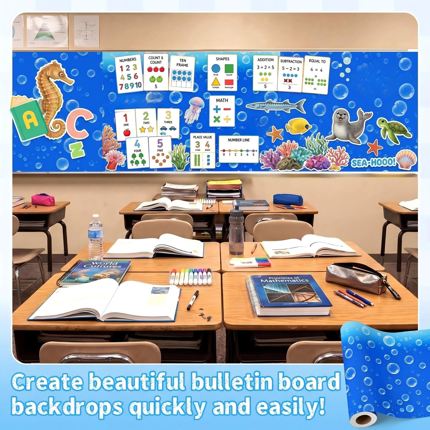 Hahafelt 1.3x39 ft Fabric Bulletin Board Roll Ocean Bubbles Bulletin Board Blue Non-Woven Reusable Waterproof Erasable Wrinkle Resistant Fabric Roll for Background Decor DIY Craft