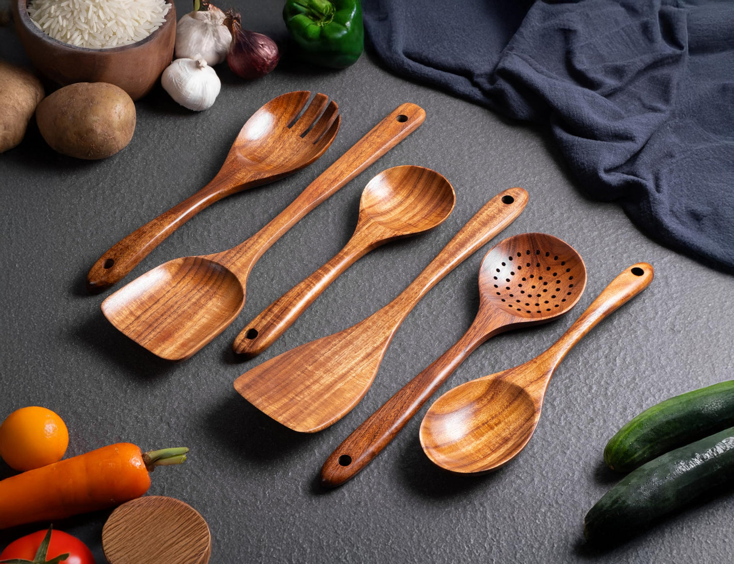 New Kitchen 6 Piece Non Toxic Wooden Spoons for Cooking - Smooth Finish Teak Kitchen Utensils Set - Non-Stick Wooden Spatula Perfect for Pasta, Mixing and Kitchen Essential and Gift