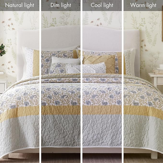 Madison Park 100% Cotton Quilt Set Floral Print, Double Sided Stitching, All Season, Lightweight Coverlet Shabby Chic Bedding Layer, Matching Shams, Full/Queen, Yellow 6 Piece