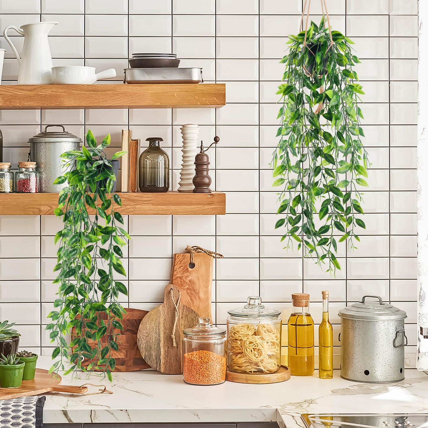 Der Rose 2 Pack Fake Hanging Plants Small Artificial Plants Faux Pea Pod Plants Indoor for Aesthetic Living Room Office Shelf Decor