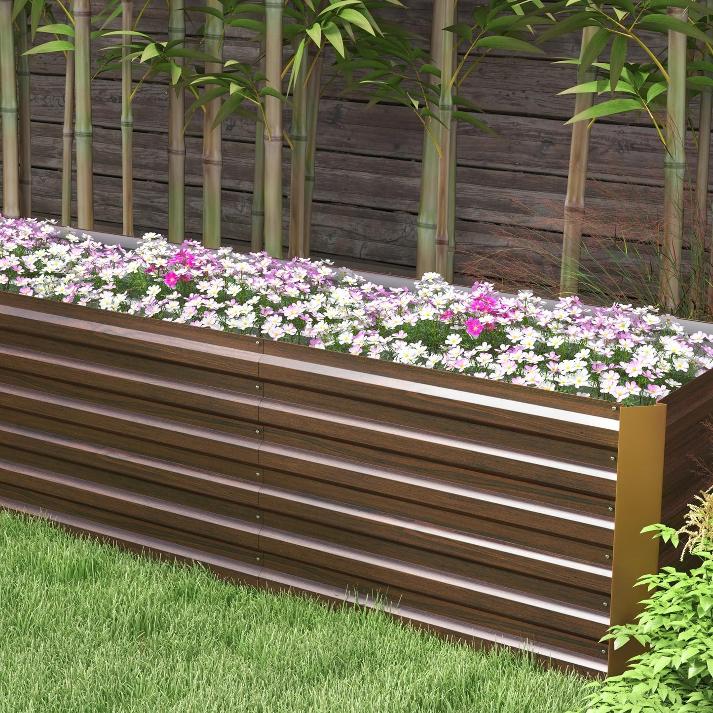 Amacv 8x2x2ft Galvanized Raised Garden Bed Kit, Outdoor Metal Elevated Planter Box with Safety Edging, Large Raised Bed for Growing Flowers, Herbs and Vegetables, Brown