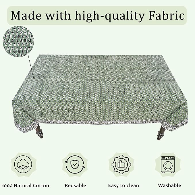 Ridhi Hand Block Print Basil Green Rectangle Cotton Tablecloth 120" x 80" Reusable Table Cover Decorative Everyday Use for Dining, Farmhouse, Home Gift for Spring, Easter, Valentine