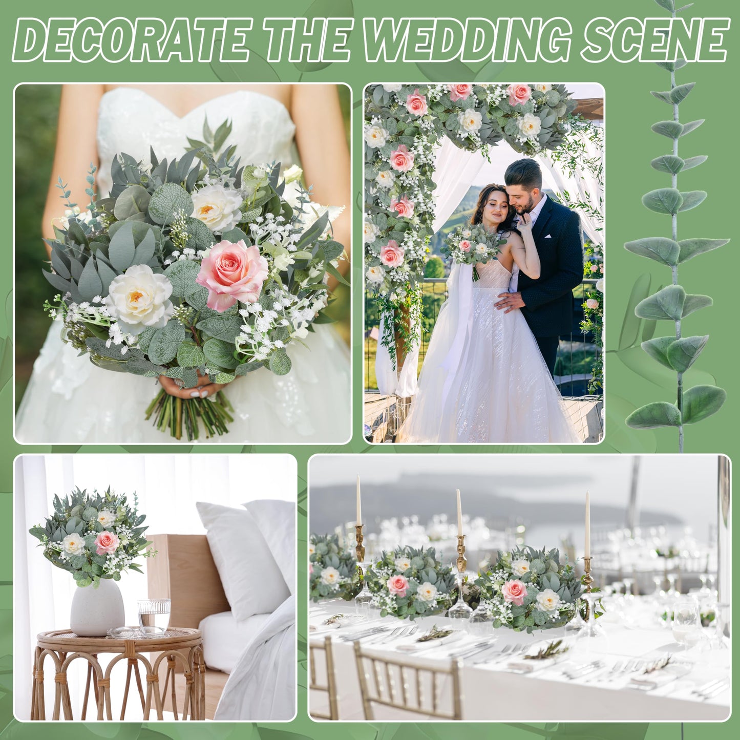 200 Pcs 8 Kinds Mixed Artificial Eucalyptus Stems Bulk Fake Silver Dollar Eucalyptus White Seeds Stems Bundle Faux Plants Greenery for DIY Bouquets Floral Arrangement Wedding Engagement Party Decor