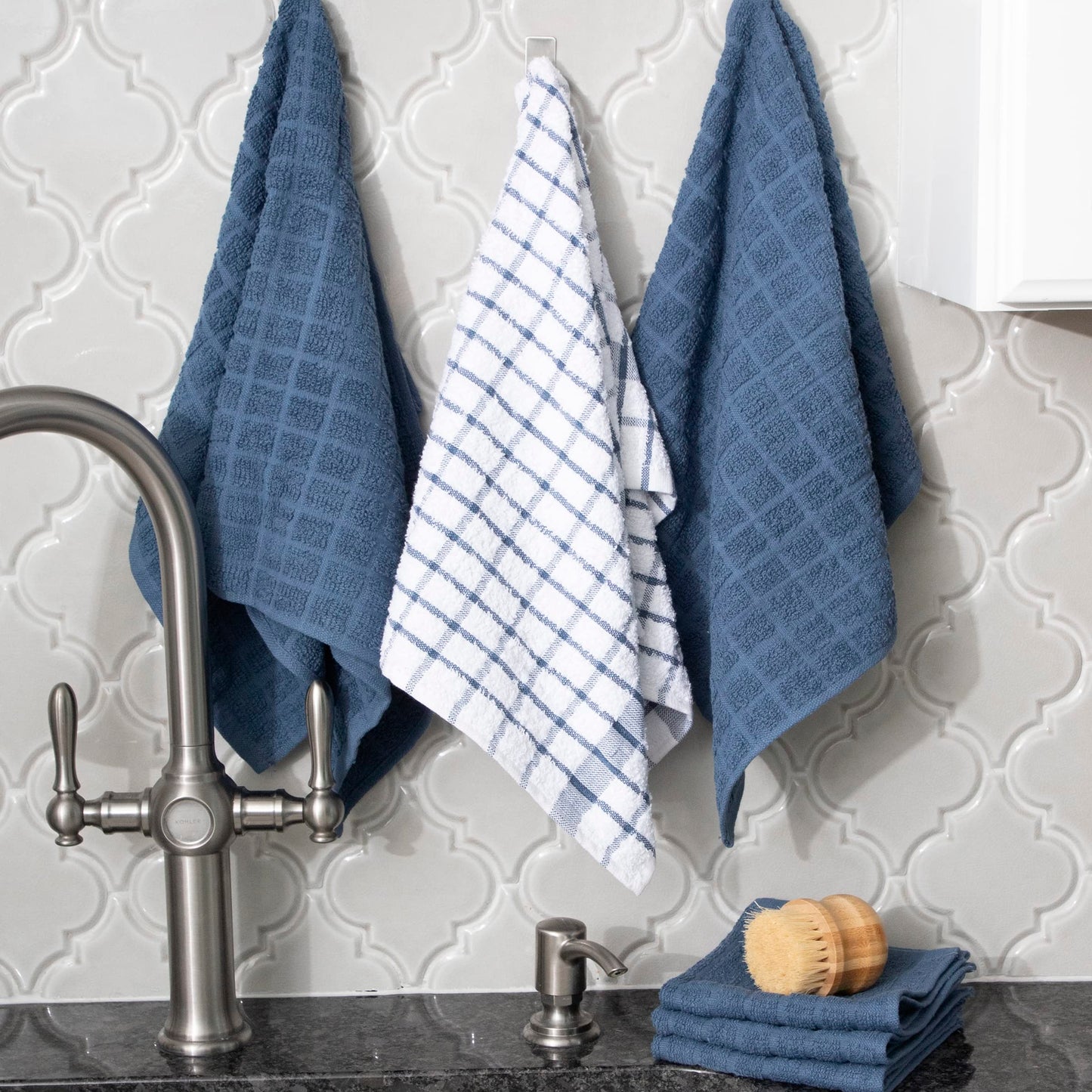 Ritz Premium Kitchen Towel and Dish Cloth Value Set: Highly Absorbent, Super Soft, Long-Lasting, 100% Cotton Checked and Solid Hand Towels, Tea Towels, Bar Towels - 6 Pack, Federal Blue