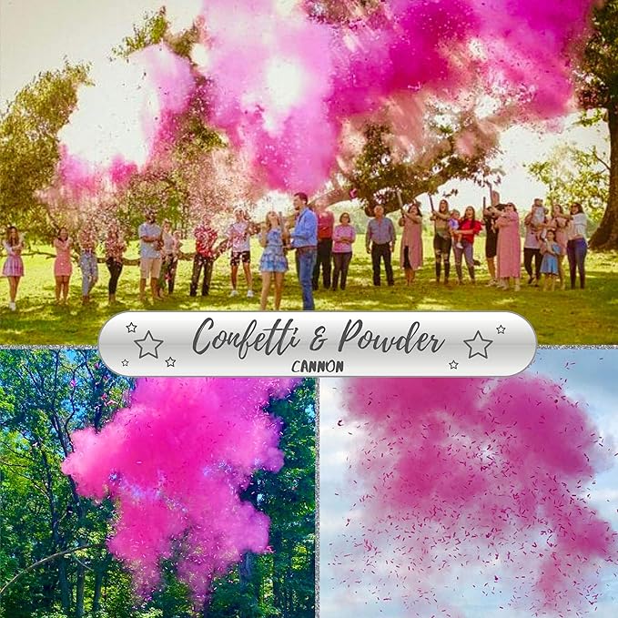 Gender Reveal Confetti Powder Cannon - 4 Pink Poppers - Gender Reveal Party Supplies - Smoke Powder & Confetti Cannons - Reveal Stickers 40pcs (20 Girl 20 Boy)