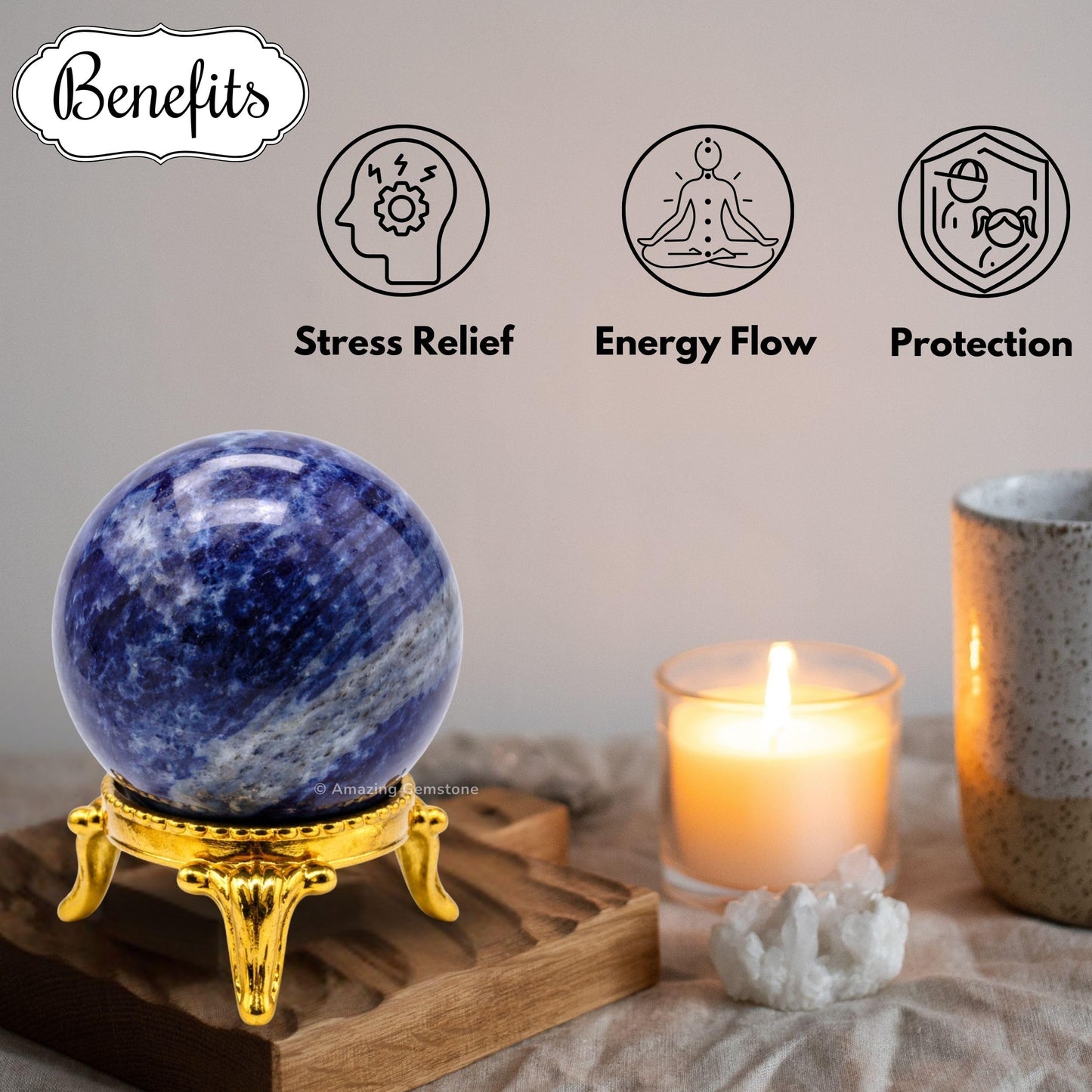 Amazing Gemstone Sodalite Crystal Ball with Stand - 2" Inches Crystal Sphere Meditation Balls for Witchcraft and Decorative Balls