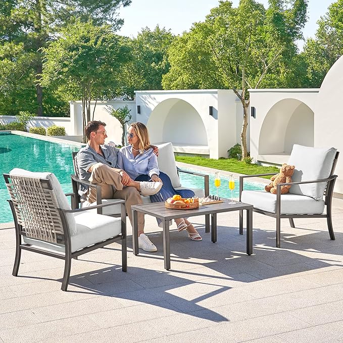NATURAL EXPRESSIONS Patio Furniture 4 Piece Set,Outdoor Conversation Set Metal Patio Sectional Sofa with High Back Hand-Woven Rope Chairs by Hand Brushed Wood Grain Finish, 6" Cushion for Yard,Garden