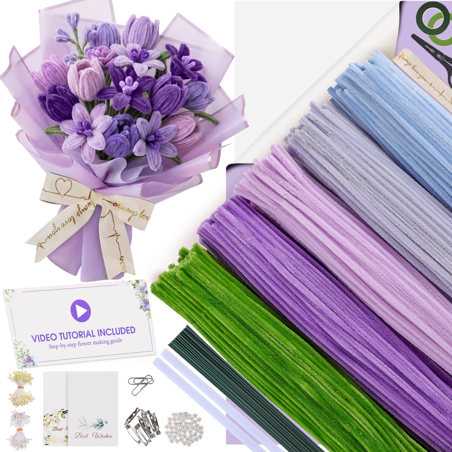 EARLY MINDS 500 Pcs Pipe Cleaners Craft Kit for Flower Making, Complete DIY Bouquet Set with Tutorial, Chenille Stems, Craft Wire, Ribbon & More, Perfect for Arts Decor, Mother's Day Handmade Gifts